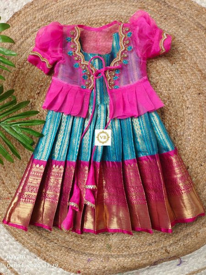 Girls Kanchipuram pavadai set -Pink&Blue