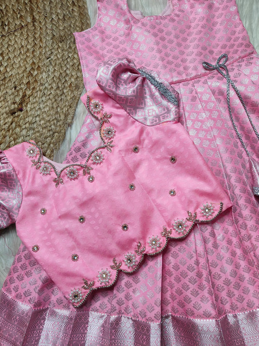 Girls- Silk pavadai set pink