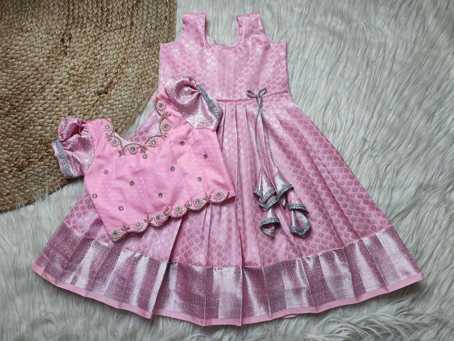 Girls- Silk pavadai set pink