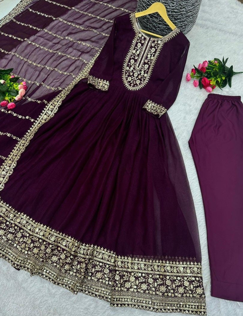 Women gown suit - silk with embroidery